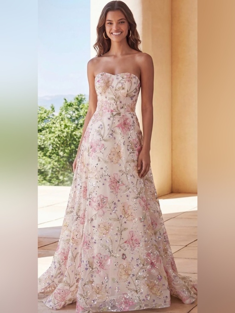 Pink A-Line Strapless Sparkly Sequin Floral Long Prom Dress NWOT Size 12-14